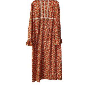 VTG 1970s Handmade Maxi Sheath Dress Orange Paisley Lace Trim Ruffle Sleeve Sz S